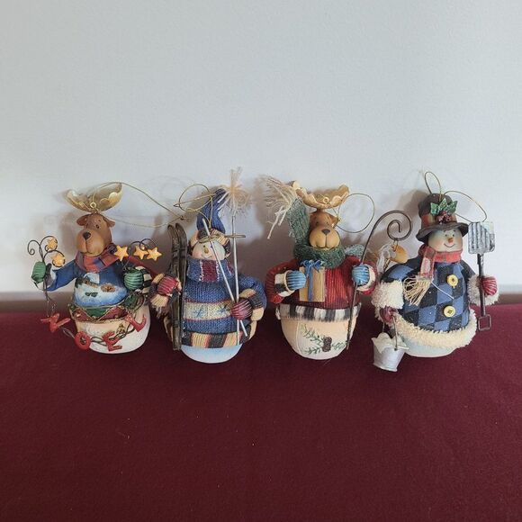 Vintage Fabric Mache Holiday Winter Christmas Ornaments Snowmen & Moose Set of 4 - Picture 3 of 16